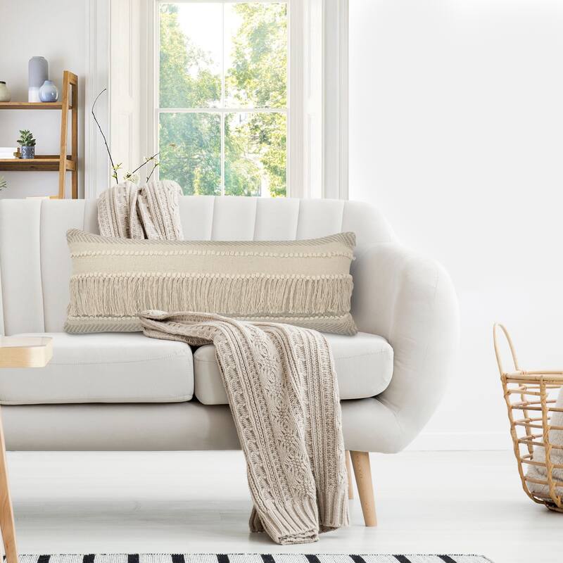 Sevita Willow Fringed Cotton Throw Pillow - 14" x 36" - Polyester