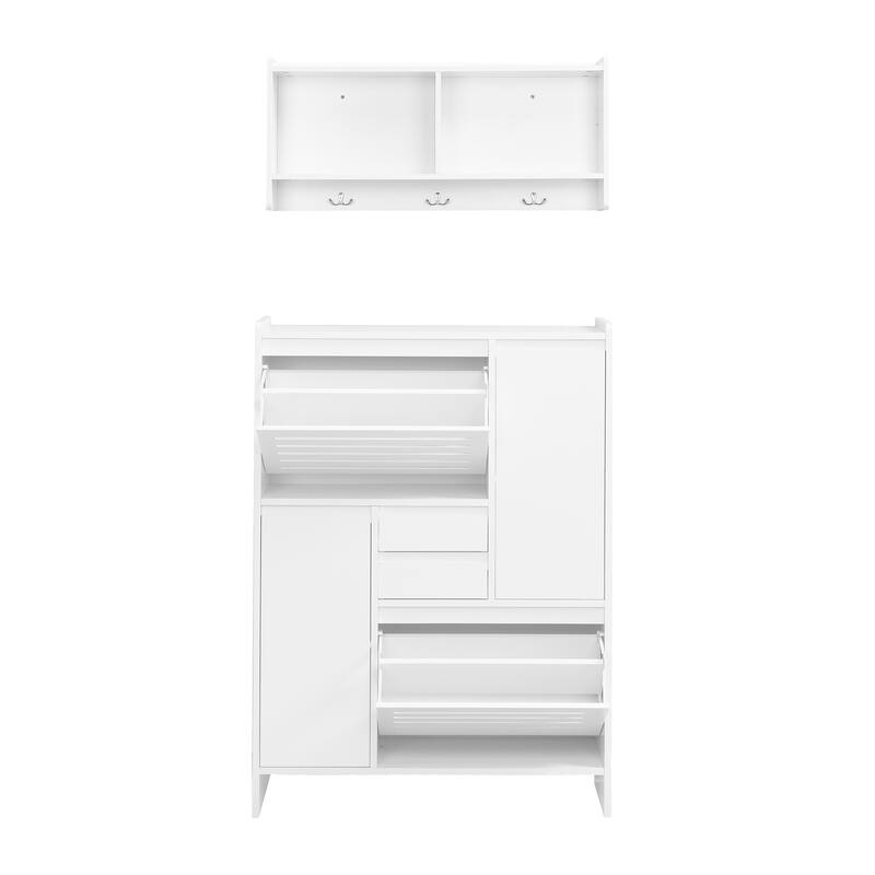 Multi-Functional Shoe Cabinet with Wall Cabinet, Space-saving Design Side Cabinet with 2 Flip Drawers and Hanging Hooks