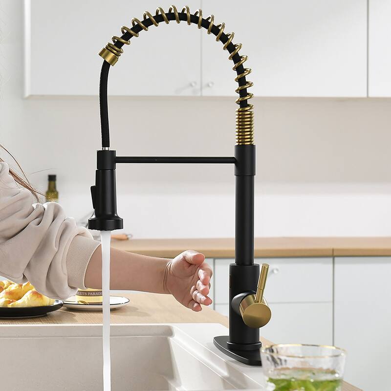 Modern High Arc Touchless Pull-Out Kitchen Faucet with Deck Plate - Black and gold