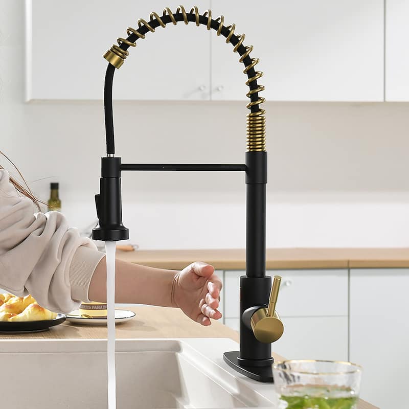 Touchless Stainless Steel 2-Function Pull-out Kitchen Sink Faucet - 8.86''W x 19.8''H - Black and Gold