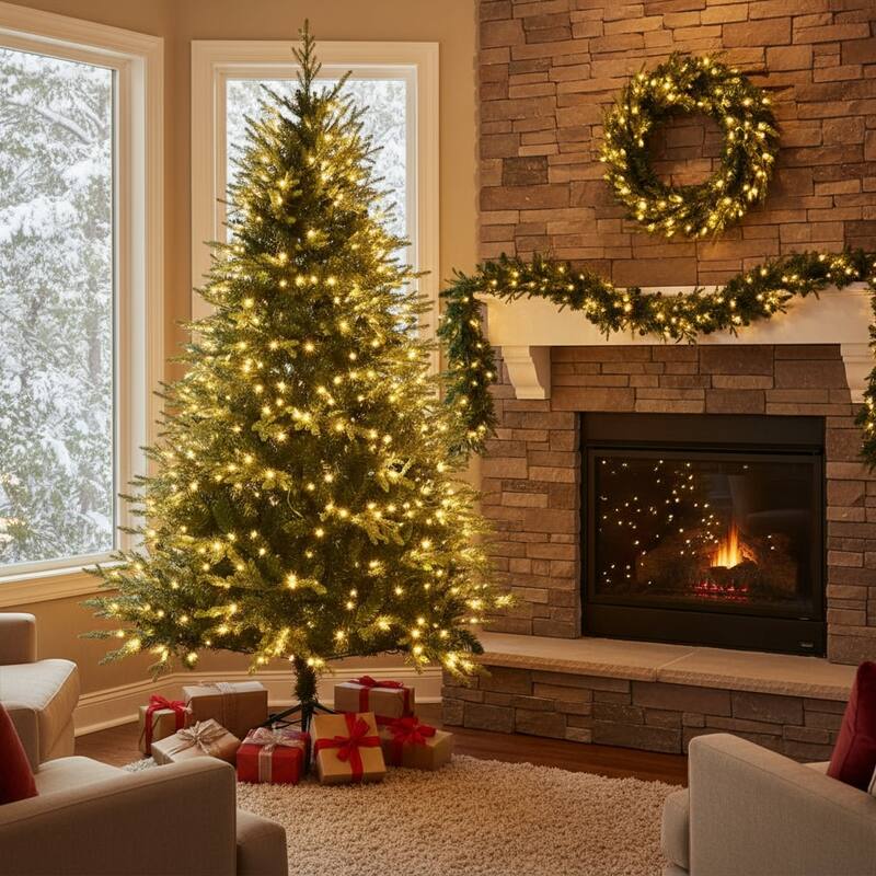 HomeRoots Three Piece Pre Lit Extra Full Frosted Pine Christmas Tree With Garland And Wreath Set - Green - 6 Foot