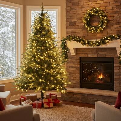HomeRoots Three Piece Pre Lit Extra Full Frosted Pine Christmas Tree With Garland And Wreath Set
