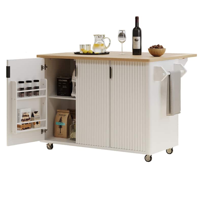 Anmytek 51" Fluted Rolling Kitchen Island with Drop Leaf & Storage, White Ash Farmhouse Cart with Towel Rack