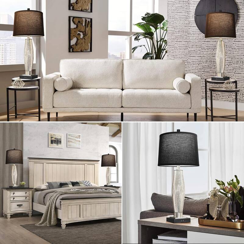 Table Lamps Set of 2, Bedroom Lamp with USB A+C Charging Ports, Modern Glass Beside Lamps for Living Room