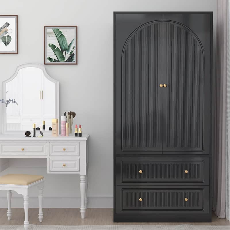 Gymojoy 71" Wardrobe Closet with 2 Doors & 2 Drawers, Modern White Wooden Armoire with Hanging Rod & Gold Handles