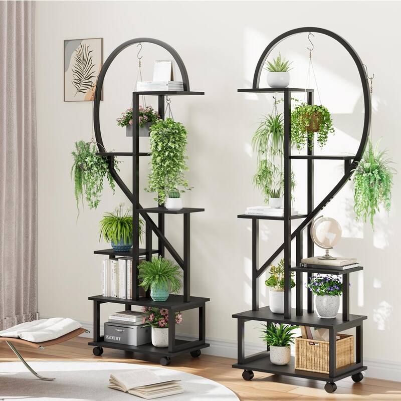 6 Tier Tall Plant Stand Metal Indoor Plant Stand with Detachable Wheels Half Heart Shape Plant Stands