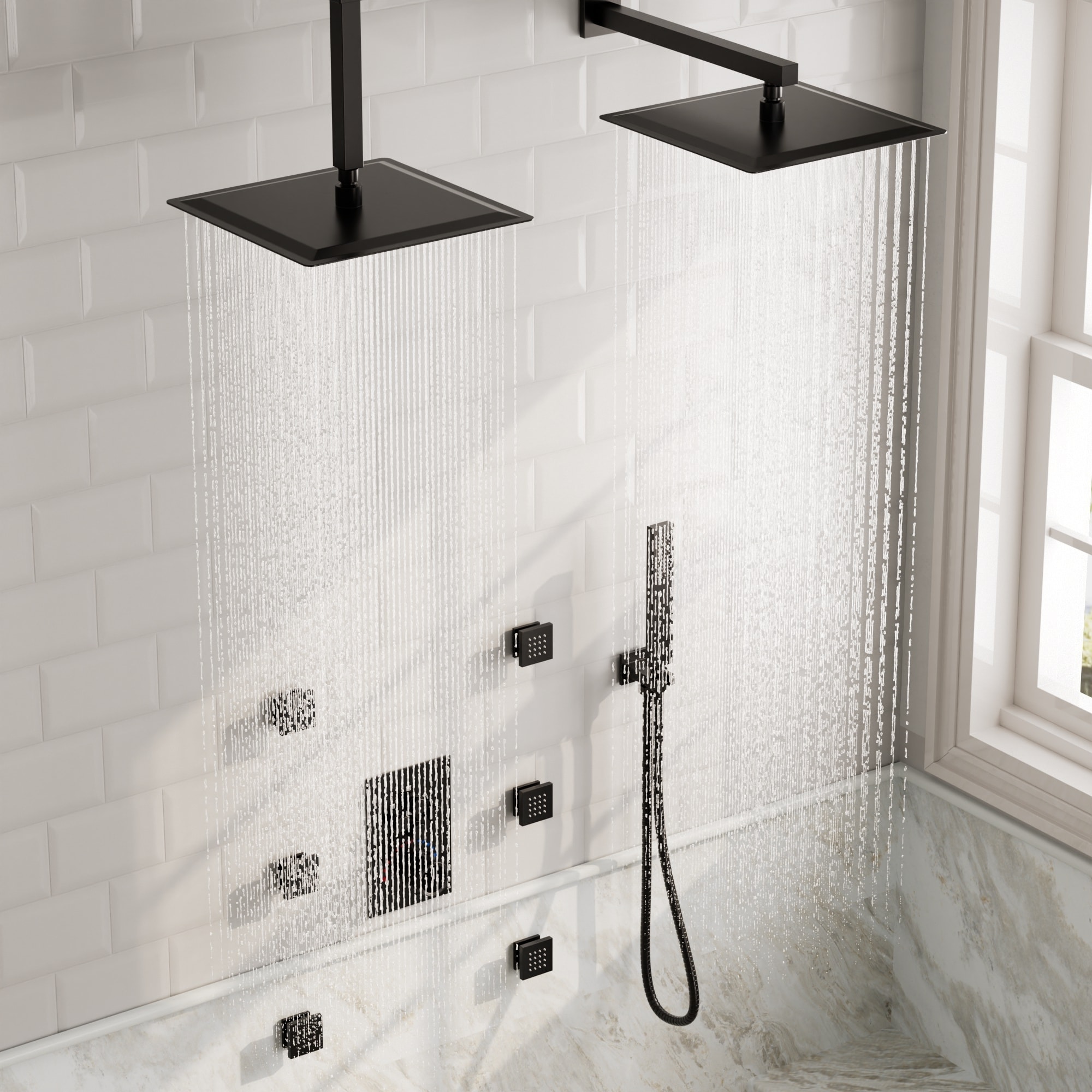 GRANDJOY Thermostatic Shower System Rainfall Dual Shower Heads 12 inch Ceiling and Wall Mount Body Jets Handheld Spray Combo