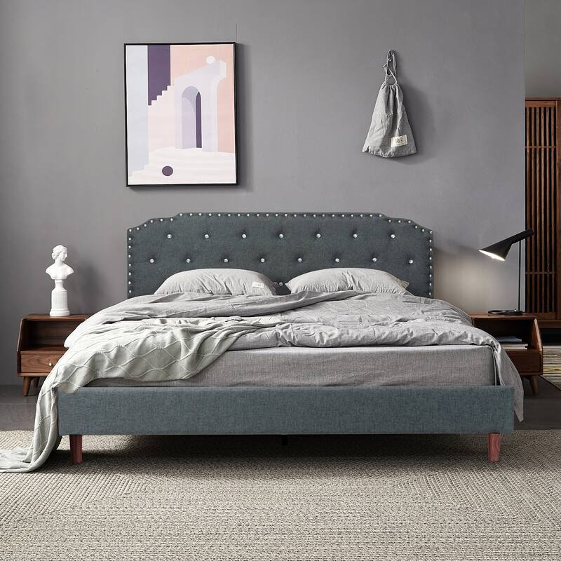 Costway Upholstered Bed Frame Adjustable Diamond Button Headboard