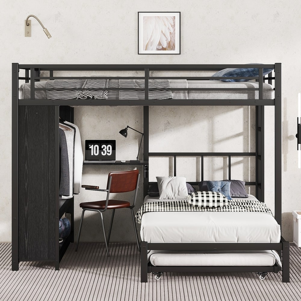 Metal L Shaped Bunk Bed Frame with Trundle Bed for 3, Heavy Duty Metal Bunk Bed with Wardrobe and Foldable Desk