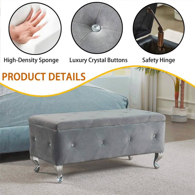 Decorative Bench Makeup Bench with Crystal Buttons, Exquisite Storage Bench Padded Seat with Safety Hinged Flap