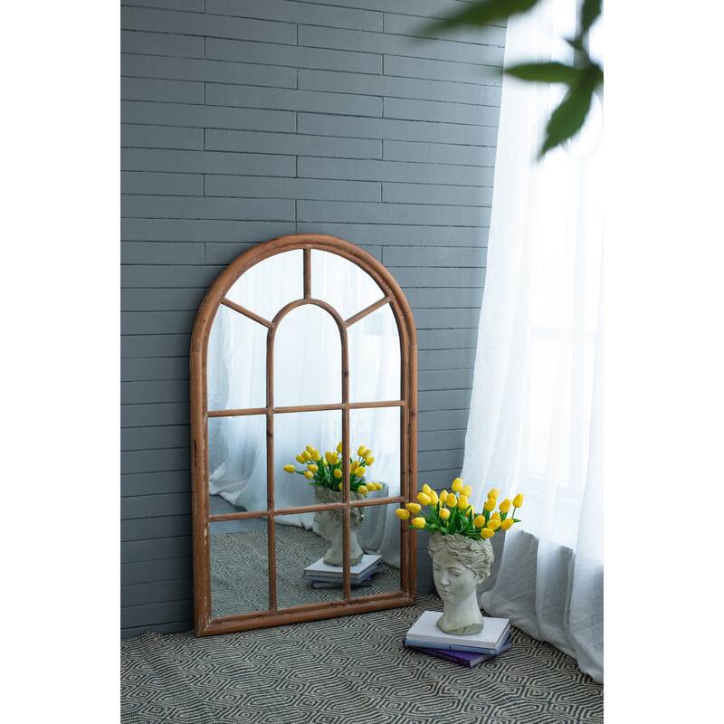 34x54.3" Large Arched Accent Mirror with Brown Frame with Decorative Window Look