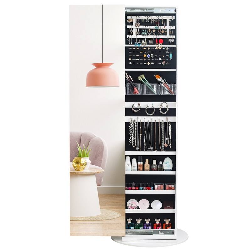 White Mirror Storage Cabinet 5 Shelves Rotatable