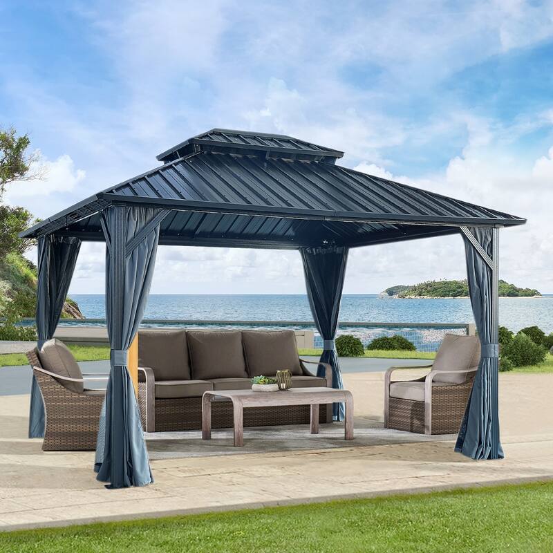 12'x12' Hardtop Gazebo with Steel Roof, Aluminum Frame, Curtains & Netting for Outdoor Shade - Grey