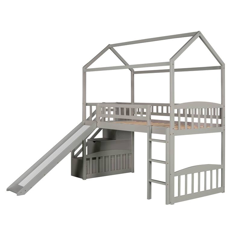 Loft Bed with Two Drawers and Slide, House Bed with Slide