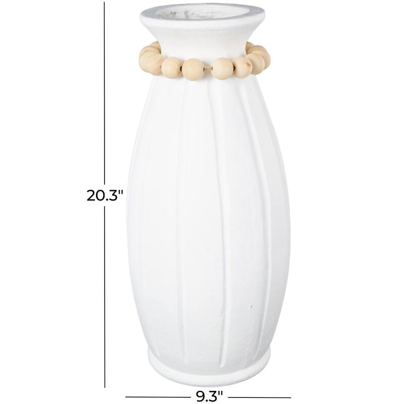 White Magnesium Oxide Decorative Vase with Light Brown Beads and Carved Grooves