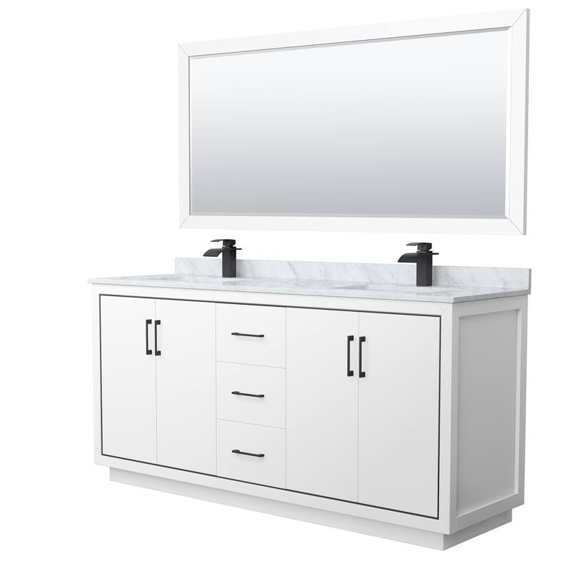 Icon Double Vanity Set, White Carrara Marble Top, 70-Inch Mirror - White, Black Trim, White Carrara Marble Top