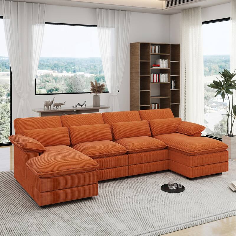111.8" U-Shaped Cloud Sectional, 4-Seater Corduroy Upholstered Sectional with Recliner and Cushions
