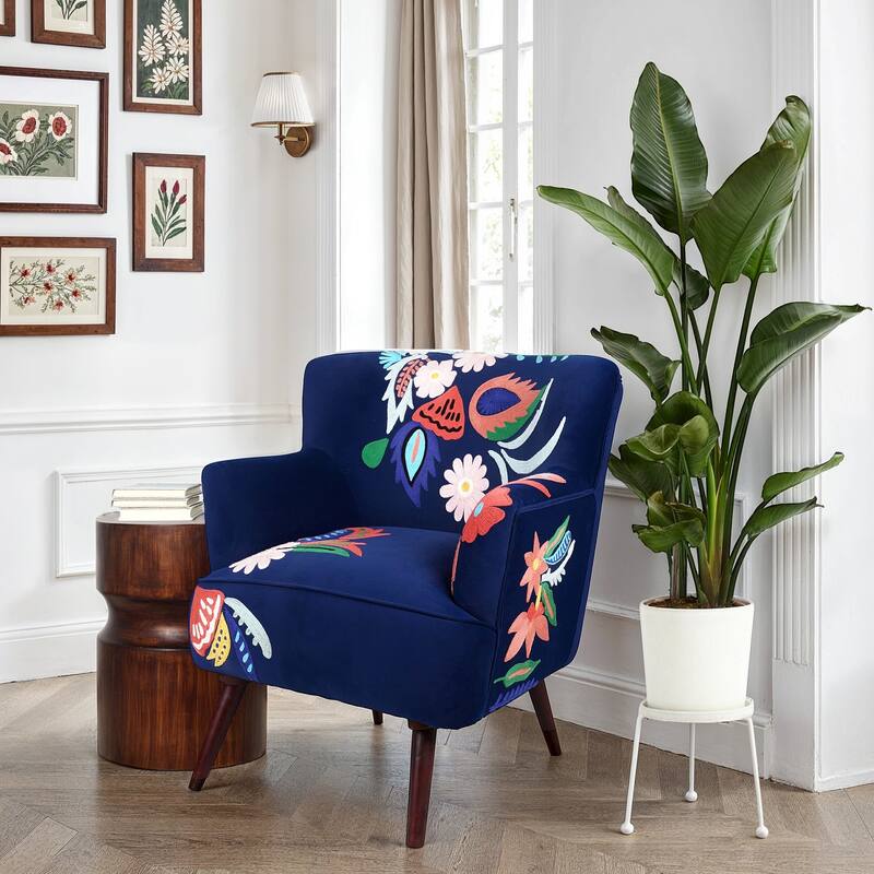 Nico Floral Embroidered Velvet Upholstered Accent Chair by Sevita - Navy Blue