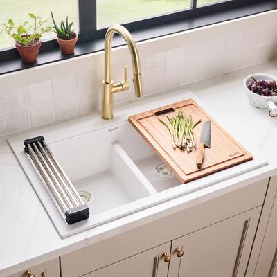Ruvati 33-inch Drop-in Topmount Workstation 50/50 Double Bowl Granite Composite Quartz Kitchen Sink - Arctic White - RVG1343WH