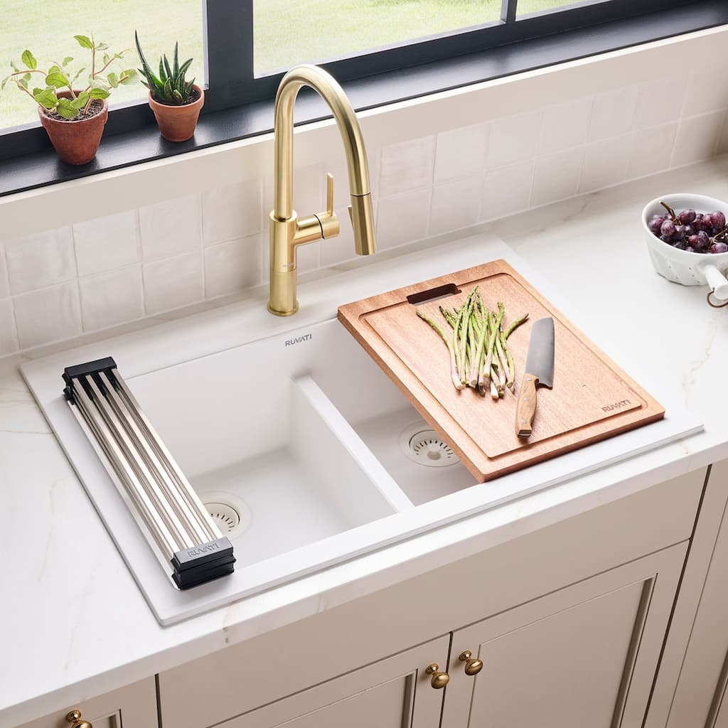 Ruvati 33-inch Drop-in Topmount Workstation 50/50 Double Bowl Granite Composite Quartz Kitchen Sink - Arctic White - RVG1343WH