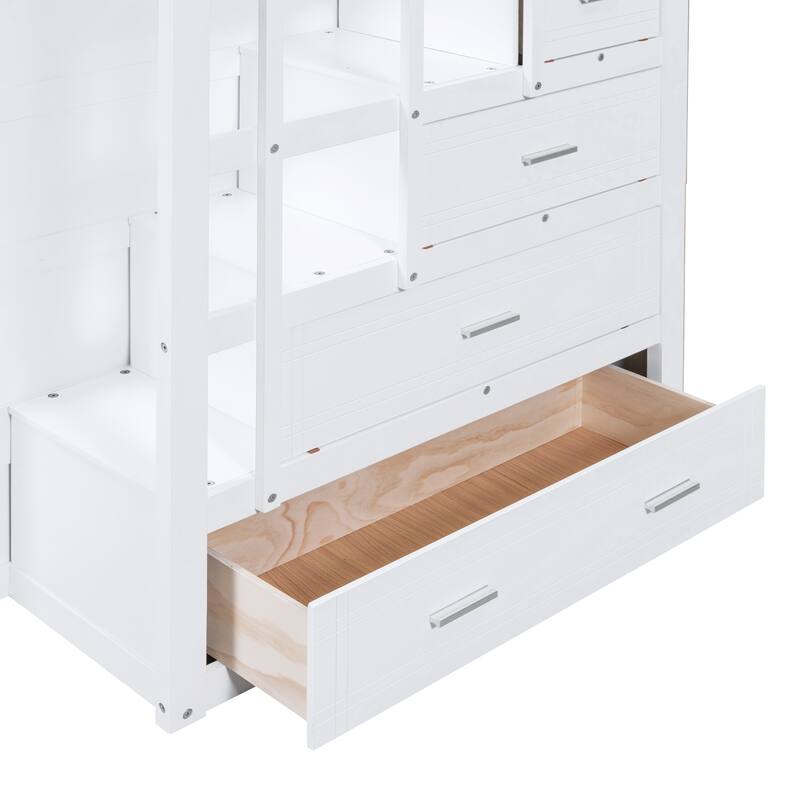 Full Over Full Bunk Bed with Twin Trundle and Staircase, White
