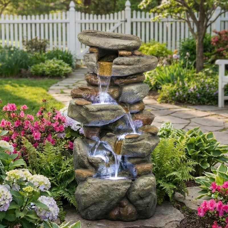 30'' H Outdoor Stone-Like Resin Water Fountain with LED Light & Waterfall Flow - N/A - Bird Bath