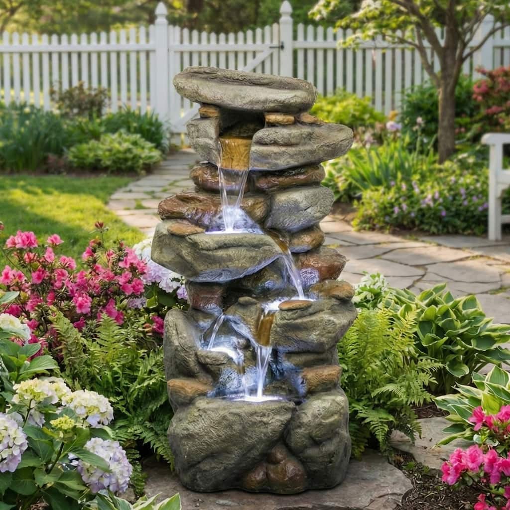 30'' H Outdoor Stone-Like Resin Water Fountain with LED Light & Waterfall Flow - N/A