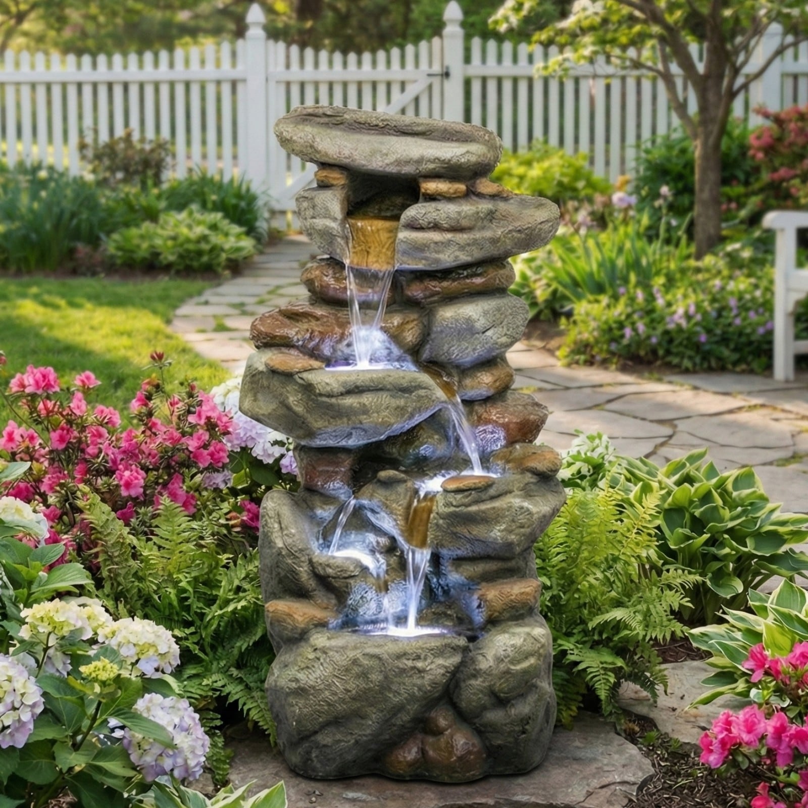 30'' H Outdoor Water Fountain Large - Stone Fountains with LED Light & Waterfall Flow - N/A