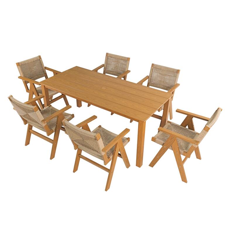 Wood Look Dining Table with Umbrella Hole Stainless Steel Legs Outdoor Picnic