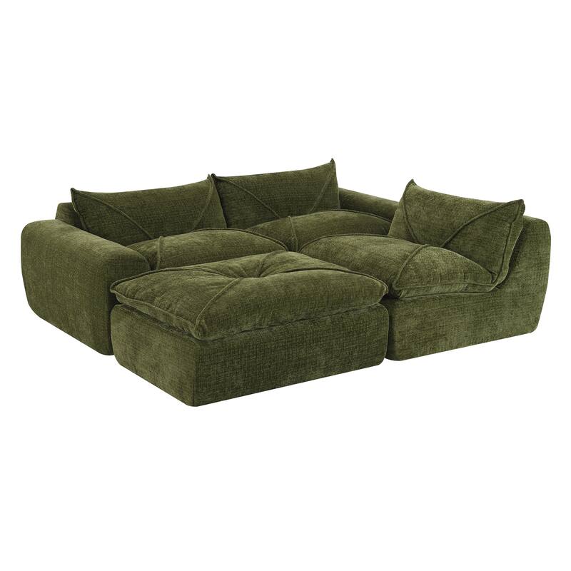 L-Shape Sectional Sofa with Ottoman, Chenille Sofa with Integrated Backrest & Seat Cushion, Fully Compressed Foam 4 Seat Sofa