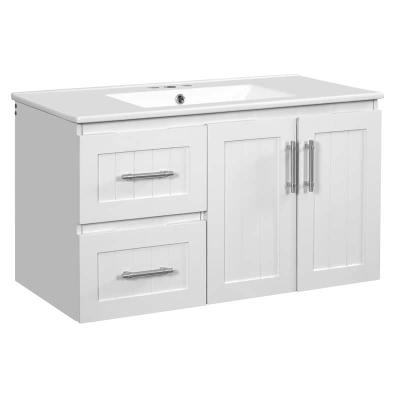 36" Wall Mounted Bathroom Vanity, Floating Bathroom Storage Cabinet with 2 Drawers, 3 Holes Single Ceramic Sink