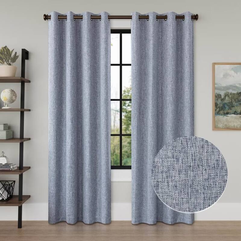 Linen Texture 100% Blackout Grommet Curtain Pair(2 panels) - 52"Wx108"L - Blue