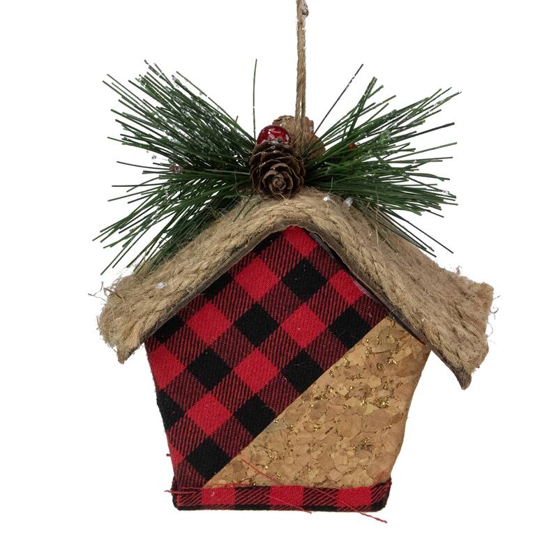5.75" Red Black Buffalo Plaid Hanging Bird House Christmas Ornament