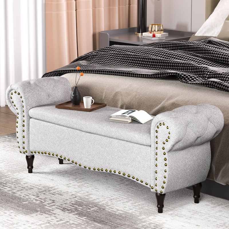 53 in Tufted Bench with Safety Hinge and Rolled Arm End of Bed Storage - Grey