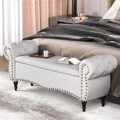 53 in Tufted Bench with Safety Hinge and Rolled Arm End of Bed Storage