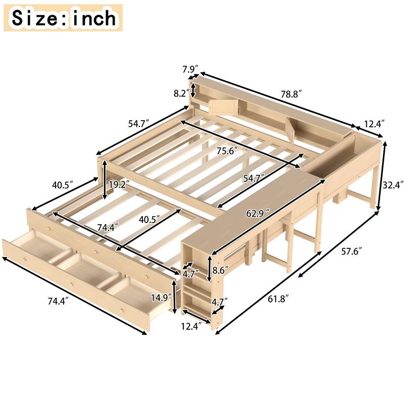 Full/Twin Daybed with Trundle & Storage Drawers - Wood Frame with Side Shelves and Desk