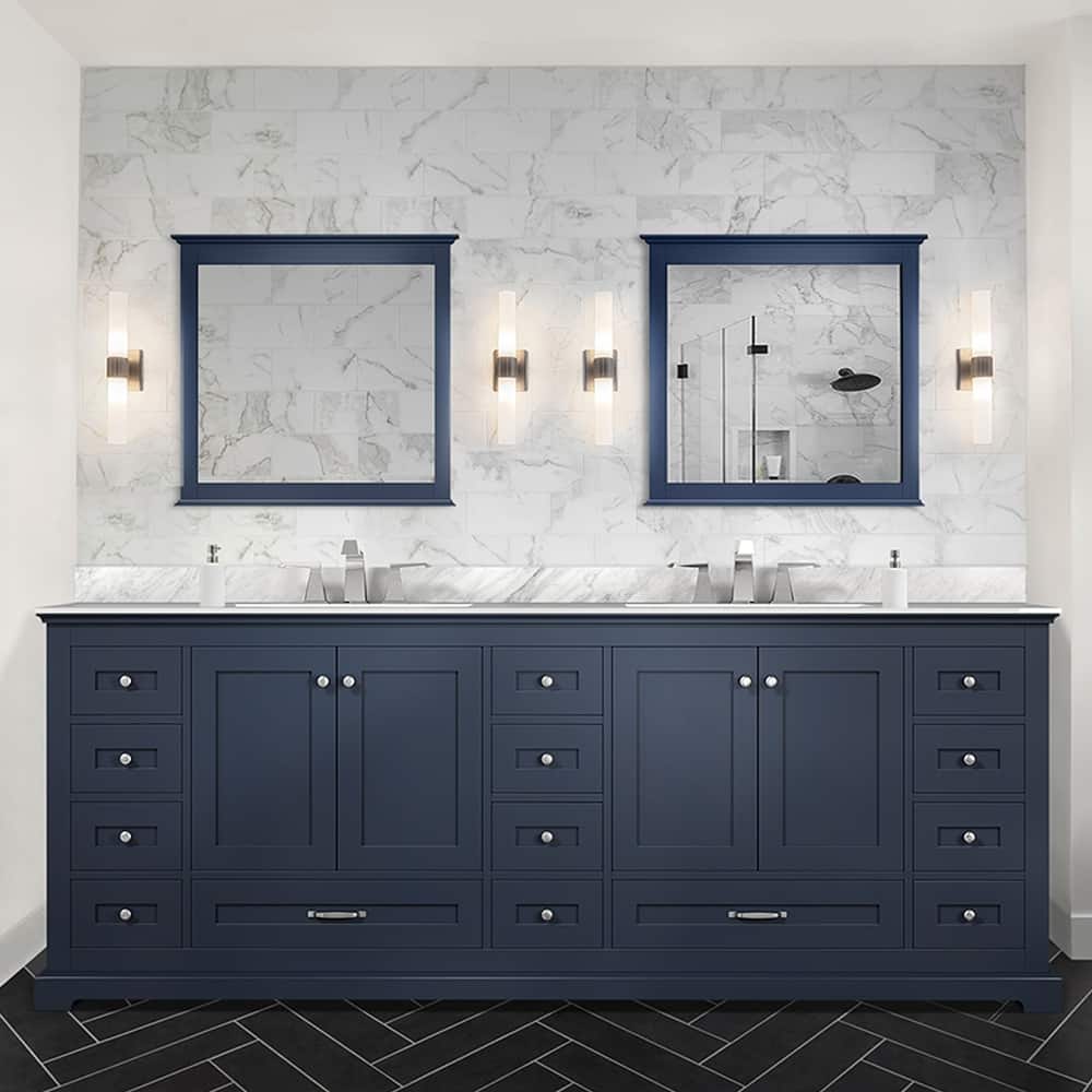 Dukes 84 in. W x 22 in. D Navy Blue Double Bath Vanity, Carrara Marble Top, Faucet Set, and 34 in. Mirrors