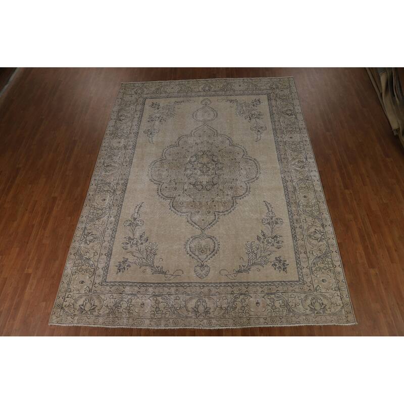 Traditional Tabriz Persian Vintage Beige Wool Carpet - 9'6" x 12'7"
