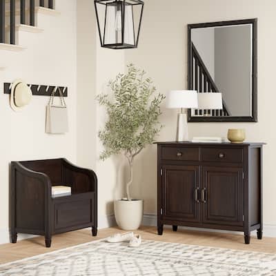 WYNDENHALL Hampshire Solid Wood 30 inch Wide Small Storage Bench and 40 inch Wide Storage Cabinet in Dark Chestnut Brown