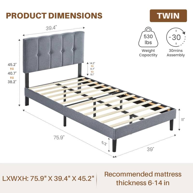 Twin Size Upholstered Platform Bed Frame with Adjustable Headboard, No Box Spring Needed with Sturdy Wooden Slats Support