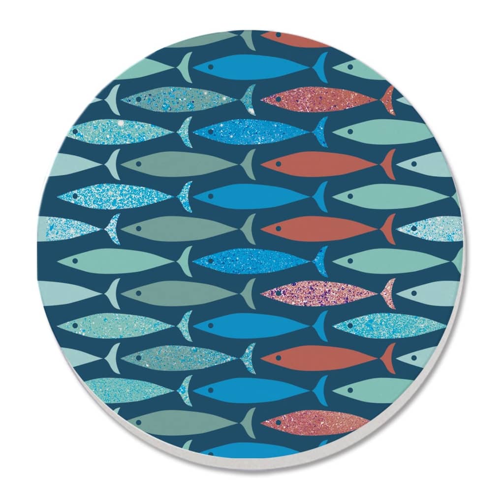 Coastal Fish 4 Pack Absorbent Stone Coaster with Protective Cork Backing Made in The USA 4" Round, Easily Wipes Clean
