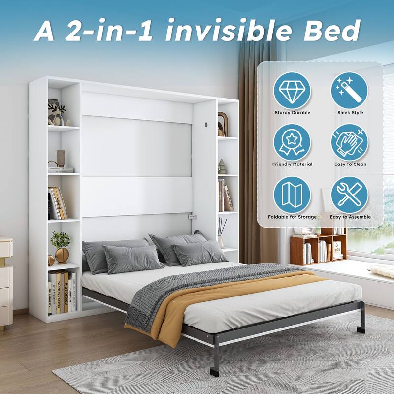 Queen Murphy Bed with Storage Cabinet, 89.7 Inch Foldable Wall Bed with Hardware Frame & Solid Wood Slats for Bedrooms