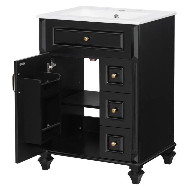 24" Freestanding Bathroom Vanity with Ceramic Sink, Flip-Out Drawer & 3-Drawer Cabinet, Solid Wood & MDF