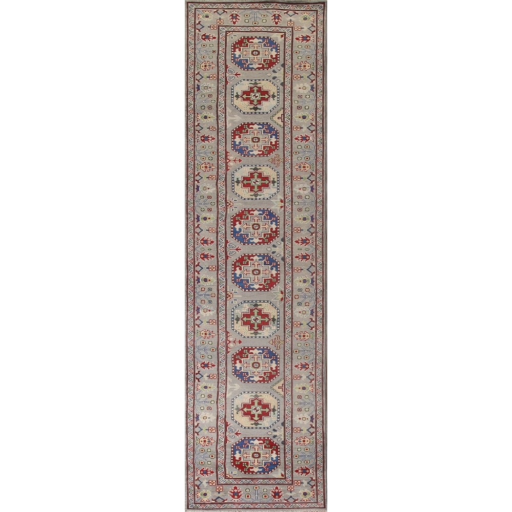Grey Kazak Runner Rug Handmade Geometric Wool Carpet - 2'9" x 13'5"