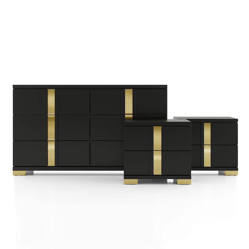 Furniture of America Halifax Modern Rubberwood Black Dresser and 2 Nightstand Bedroom Set