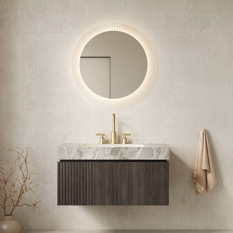 36" Bathroom Vanity & Sink, Floating Plywood Storage Cabinet with Drawer & Door, Sintered Stone Top & Ceramic Basin - Espresso,Light Gray