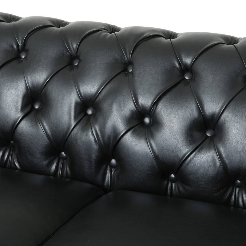 3-Seat Sofa with Wooden Legs, Retro Style, Black PU for Living Room and Study