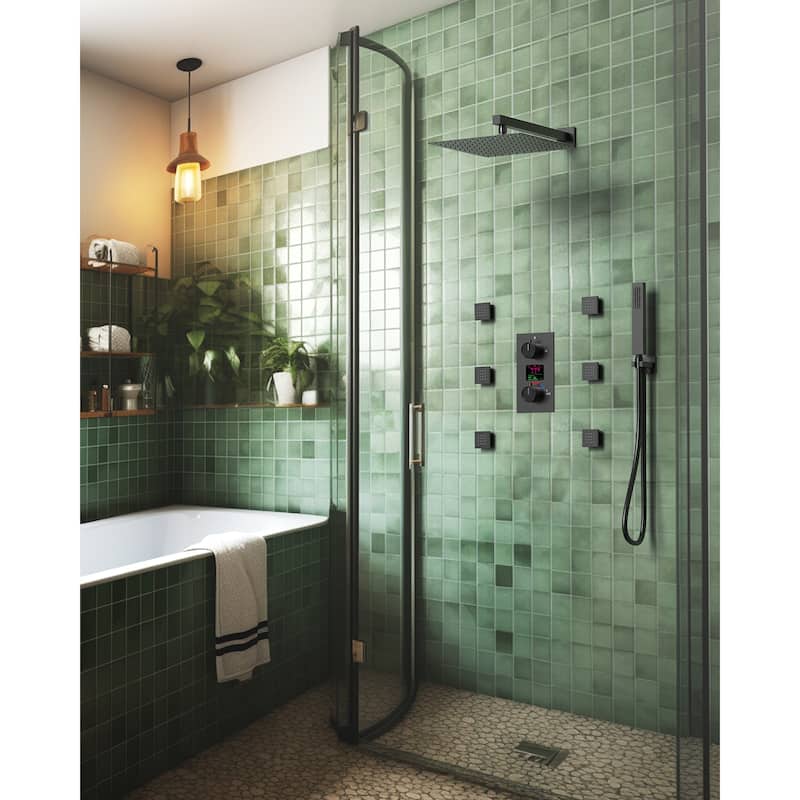 GRANDJOY 12 Inch Wall Mounted Digital Temperature Display Shower System Rainfall Shower Head with 6 Body Jets - Matte Black