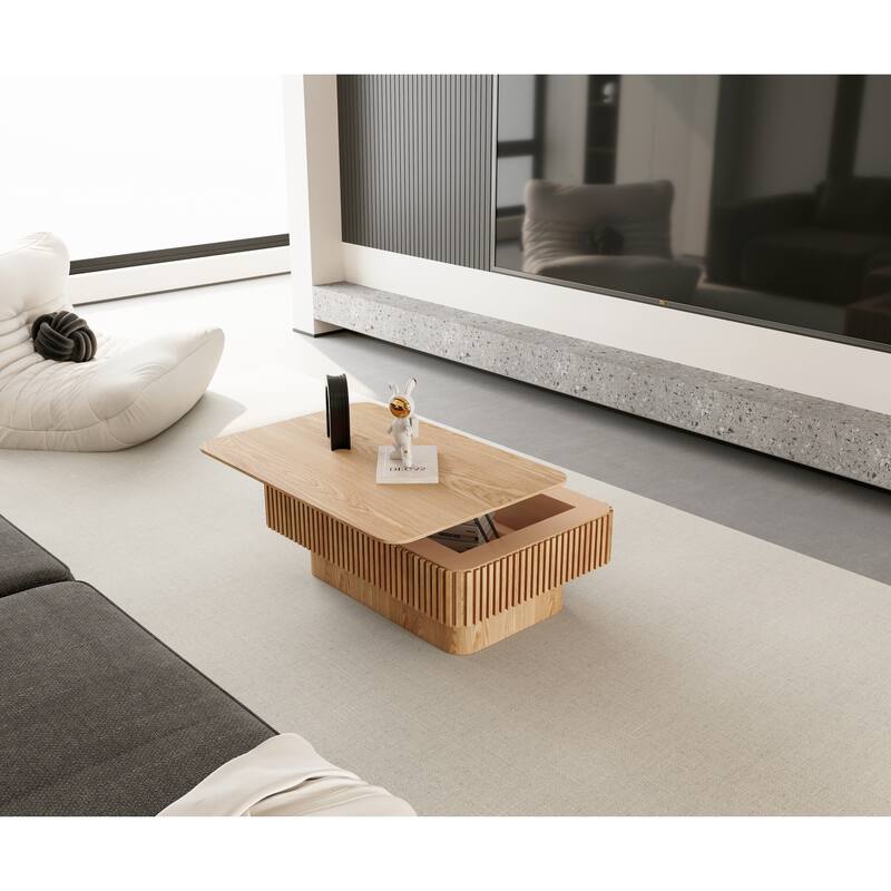 Fluted 38.6" Lift-top Coffee Table, Solid Wood Modern Accent Table with Storage and Adjustable Height