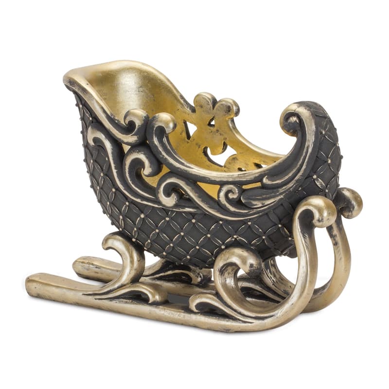 Black and Gold Holiday Sleigh Decor Polyresin Figurine for Mantle or Bookshelf Display - 10”L x 4”W x 7”H